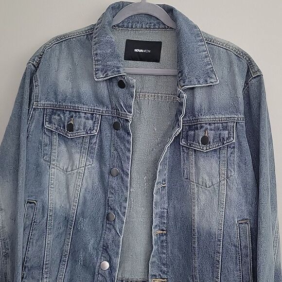 NWT Fashion Nova Oversized Trucker Denim Jean Jacket Men's Small Light W… - Picture 2 of 13